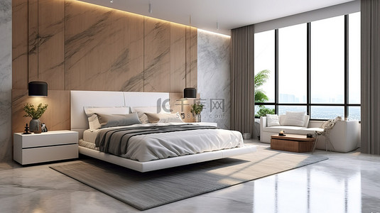 现代简约卧室的 3D 渲染，配有内置床头板和木质和白色大理石电视柜