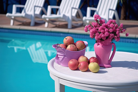 夏天鲜花背景图片_泳池蓝色角落里放着一些水果和椅子，上面放着紫色花瓶和鲜花