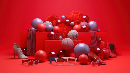 一系列色彩缤纷的服装和配饰高跟鞋钱包帽子和太阳镜，位于 3D 创建的红色背景上充满活力的球中
