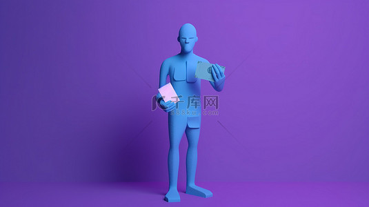 蓝色背景，带有人物图标和手握 3D 渲染中的钞票