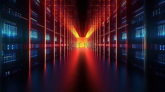 高科技数据中心服务器深色背景 3D 渲染上的发光抽象线