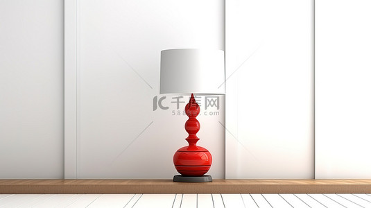 明亮的红灯在 3D 渲染的白色房间的木桌上投射出温暖的光芒