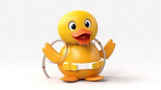 救生泳圈背景图片_标题可爱的卡通鸭子吉祥物，戴着救生圈，白色背景 3D 插图