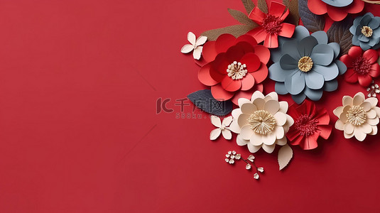 喜庆的中国新年公寓，在 3D 渲染的卡片边框中装饰着花卉装饰