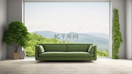 杂草丛生和废弃的沙发在 3D 渲染的内部与空白的墙壁和风景背景