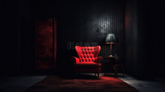光线昏暗的房间里红色沙发椅的 3D 渲染