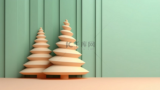彩色纸张背景上带有复制空间的圣诞树的简约 3D 渲染