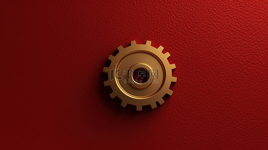 红色金属背景上的金色齿轮标志 3D 渲染的社交媒体图标