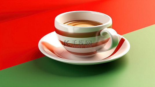 绿色和红色背景上的白咖啡杯的 3D 插图