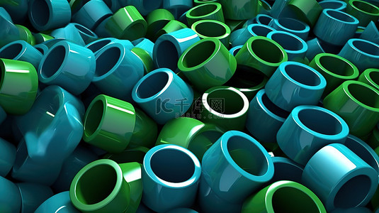 蓝色和绿色圆柱体的集合抽象 3D 插图