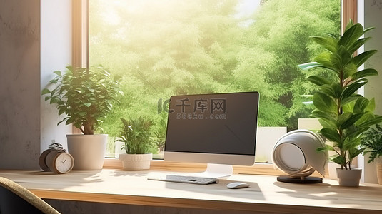 3D 渲染自然启发的家庭办公室，配有电脑屏幕模型和办公用品
