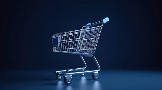蓝色背景上的 3D 现代购物车代表在线购物或立即购买