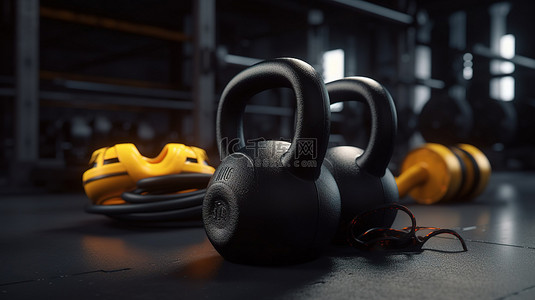 黄色耳机位于一系列运动器材中，配有 3D 渲染的黑色金属壶铃