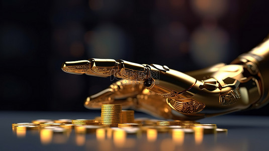 机器人手握着的金币，以视觉方式描绘金融技术