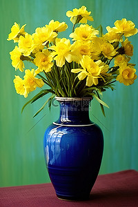 蓝色的花瓶里装满了黄色的花朵