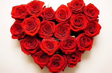 许多红玫瑰排列在白色背景的心中