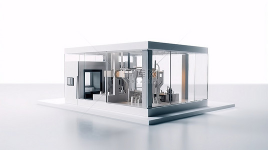 工业环境中的 3D 打印机在白色背景 3D 渲染上创建房屋建筑