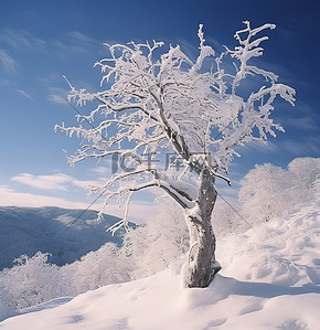 可以看到白雪覆盖的天空，前景有一棵树