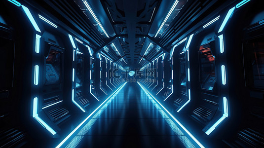 具有未来派蓝色照明效果 3d 渲染的高科技航天器走廊