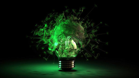 玻璃破碎背景图片_3D 渲染灯泡发出充满活力的绿色能量