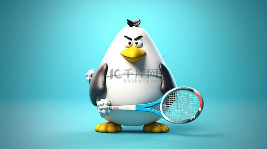 一只胖企鹅打网球的 3d 渲染