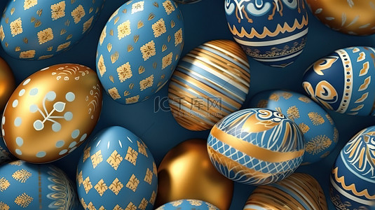 金色复活节彩蛋 3D 插图与复杂的蓝色图案背景
