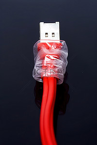 一根用铝箔包裹的红色 Cat 5 以太网电缆