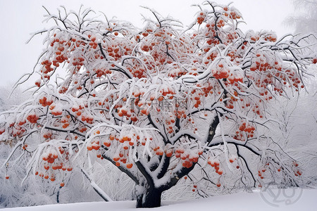 一棵被雪覆盖的橙色糖灌木树