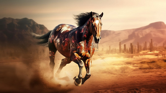 3D 渲染的全速奔跑的引人注目的野马