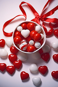 红色心形带背景图片_一些带丝带的红色和白色心形糖果
