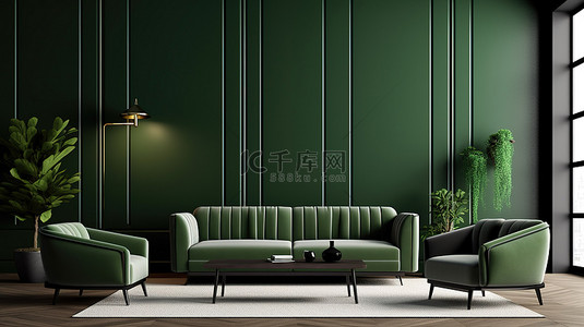 时尚的客厅配有躺椅沙发咖啡桌和充满活力的植物 3D 渲染