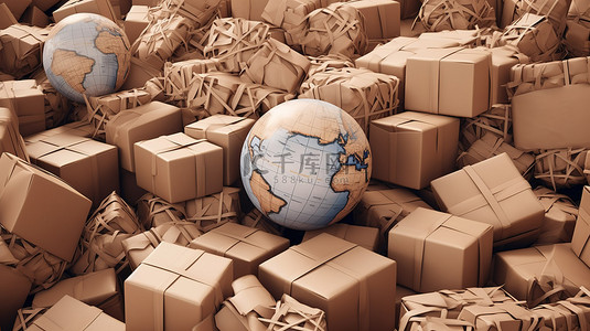 物流运输主题背景图片_一堆带有全球地球主题的纸板包裹的特写 3D 渲染