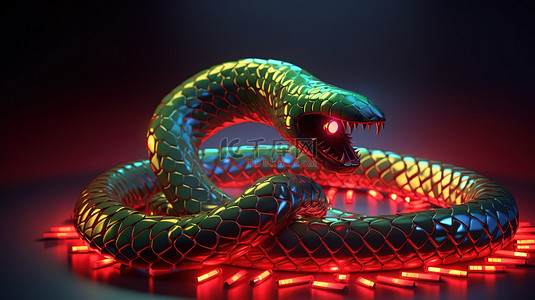 一条蛇用无限线圈和来势汹汹的攻击守卫互联网计算机的 3D 插图