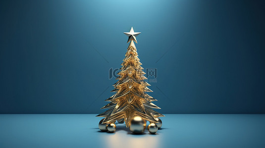 星背景图片_光芒四射的圣诞树，顶部装饰着一颗星星，背景是 3D 渲染的蓝色工作室背景