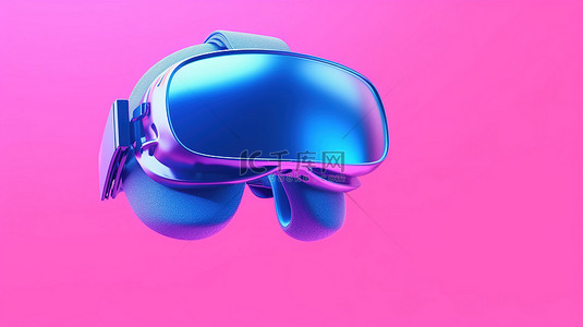 粉色背景突出了 3D 渲染的蓝色 VR 头盔眼镜的双色调风格