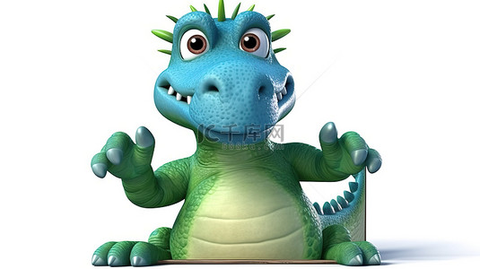 牙齿卡通人物背景图片_搞笑的 3D 恐龙人物，手上有一个标志