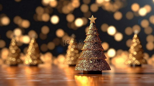 节日圣诞树，文本空间位于散景模糊的灯光背景上，非常适合在 3D 渲染中展示产品