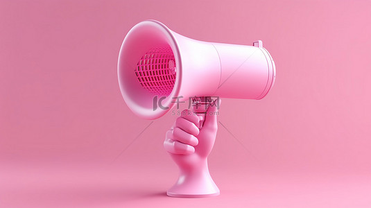 促销营销背景图片_粉红色背景，手持扩音器扬声器的 3D 渲染，周围环绕着聊天气泡，用于公告促销