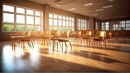 一桌学生背景图片_充满活力的家具以令人惊叹的 3D 渲染装饰了一间空荡荡的高中教室