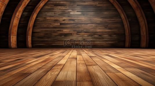 复古木地板背景弯曲场景与旧木材纹理 3D 插图