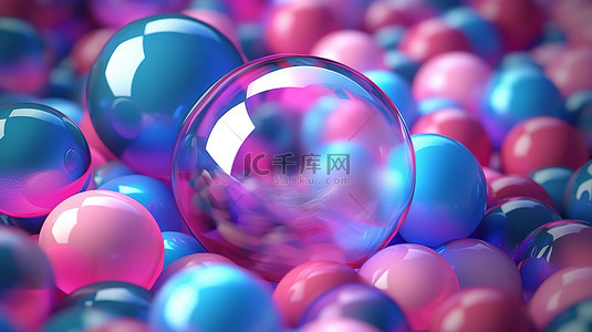 蓝色为背景背景图片_抽象插图的特写 3D 渲染，以蓝色紫色和粉色色调的圆圈和球为特色