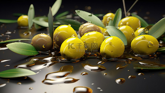 新鲜橄榄绿叶和溢出橄榄油的 3D 插图