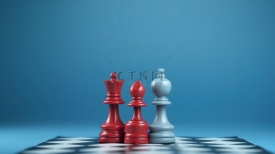 浪漫的国际象棋游戏红心加冕国王和王后人物在蓝板上 3d 渲染