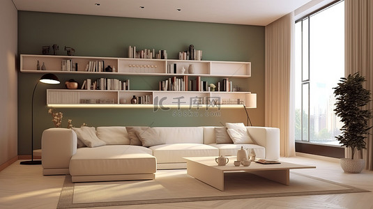 木地板客厅背景图片_明亮的客厅角落的现代 3D 渲染与现代内饰