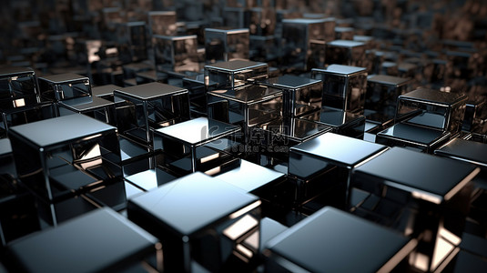 抽象技术背景 3d 渲染插图具有几何形状金属反射平面和立方体