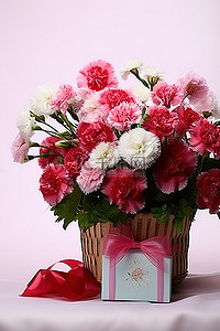 鲜花花篮背景图片_送给妈妈的鲜花礼品篮，里面有玫瑰和康乃馨