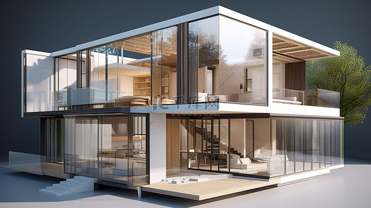 具有多个独立级别的 3D 渲染的现代家居设计