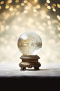 桌子上的水晶雪球，后面有灯