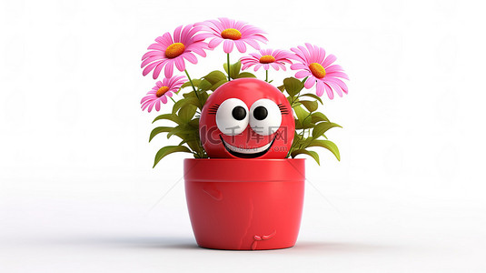 白色背景上微笑着的花盆，里面有粉色和红色的 3D 卡通人物