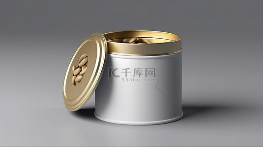 咖啡包装盒背景图片_3D 渲染的隔离金属锡罐包装，带盖，用于咖啡或花生模型
